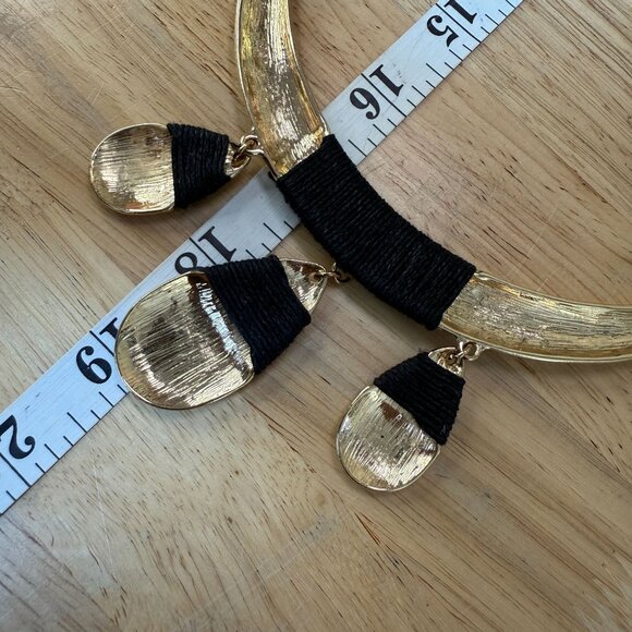 St. Thomas Gold & Black Pendant Necklace, Statement, Neutral, Chunky, Hammered - Picture 7 of 9